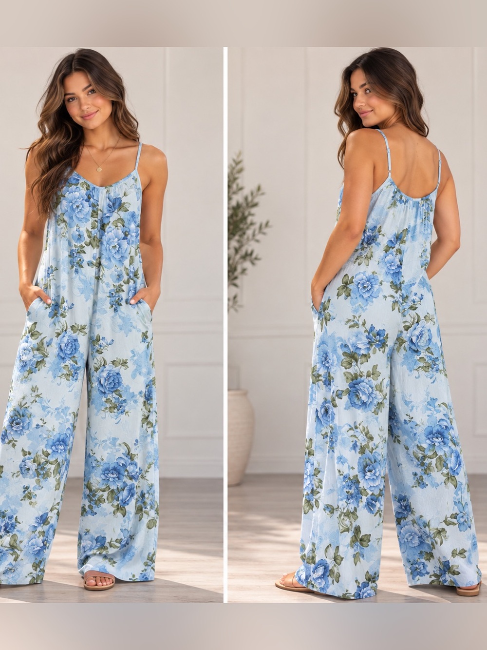 Women’s Light Blue Floral Wide-Leg Jumpsuit